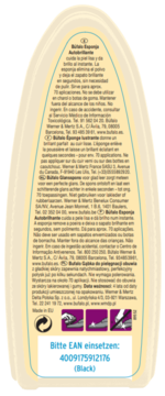 Tył beżowej butelki Bufalo Gąbka do obuwia z gładkiej skóry, tekst o połysku i 70 aplikacjach, EAN 400917591216.