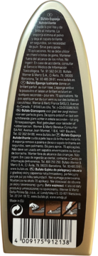 Tył złotej butelki Búfalo Gąbka do pielęgnacji obuwia, z czarną etykietą, kodem kreskowym i piktogramami użycia.