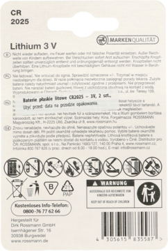 Tył białego opakowania baterii litowych CR 2025 3V z piktogramami, instrukcjami i kodem kreskowym.