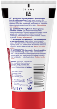 Neutrogena Krem do rąk Formuła Norweska, 75ml, tył białej tubki z opisem i składem.