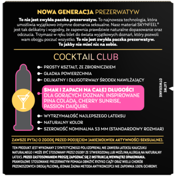Etykieta prezerwatyw COCKTAIL CLUB: smaki Pina Colada, Cherry, Passion, materiał SKYNFEEL, rozmiar 53mm.