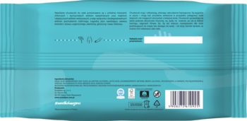 Tył turkusowego opakowania EcoWipes, 100% naturalne, biodegradowalne chusteczki do ciała z aloesem, bez PEG.
