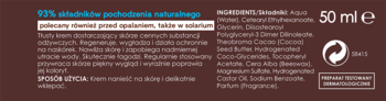 Tył brązowego opakowania kakaowego kremu do pielęgnacji 50ml, z listą składników i opisem działania.