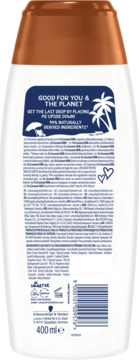 Tył białej butelki Fa Coconut Milk kremowy żel pod prysznic 400ml, widoczne info o 94% składników naturalnych.