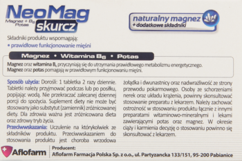Opakowanie suplementu NeoMag skurcz, białe, z fioletowo-niebieskimi napisami, widok z tyłu z opisem składników.