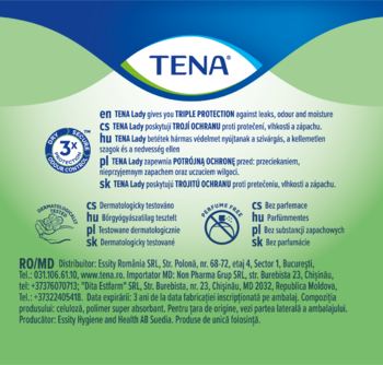 Tył zielonego opakowania Tena Lady na nietrzymanie moczu, z ikonami potrójnej ochrony i tekstem informacyjnym.