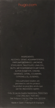 Tył czarnego opakowania perfum Hugo Boss Just Different, z białymi napisami składników i danymi firmy Coty.