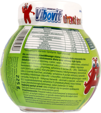 Zielono-biała butelka syropu Vibovit Literki, tył z widocznym składem i tabelą wartości odżywczych.