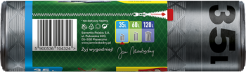 Rulon zielonych worków na śmieci 35l ze ściągającą taśmą, widok z boku. Widoczny kod kreskowy i symbole recyklingu.