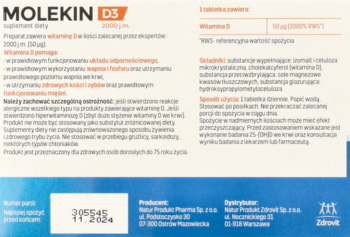 Molekin D3 suplement diety w biało-pomarańczowym opakowaniu, widoczne etykiety z informacjami o składzie i dawkowaniu.