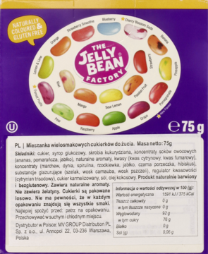 Fioletowa paczka The Jelly Bean Factory (tył). Widoczny okrąg ze smakami żelków i polskie napisy o składzie.