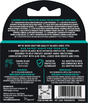 Tył czarnego opakowania wkładów Wilkinson Sword Quattro Titanium z opisem ostrzy diamentowych i kodem QR.