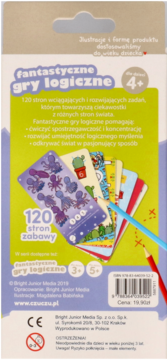Tył opakowania Fantastycznych Gier Logicznych dla dzieci 4+, 120 zadań. Widoczne karty i kredki na zielonym tle.