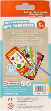Tył opakowania gry logicznej CzuCzu dla dzieci 5+, 120 stron. Widoczne przykładowe karty i cena 19.90 zł.