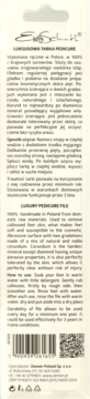 Biała, luksusowa tarka do pedicure Ewa Schmidt z korundu, prostokątna, z tekstem i kodem QR, widok z przodu.