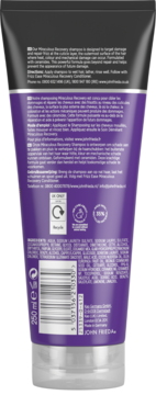 Tył fioletowego szamponu John Frieda Miraculous Recovery 250ml z etykietą, kodem kreskowym i ikonami recyklingu.