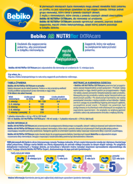 Ulotka Bebiko AR NUTRIflor EXTRAcare: żywność dla niemowląt z ulewaniami. Żółto-biała ulotka, tekst, schematy.