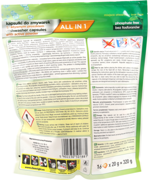 Tył zielonego opakowania kapsułek do zmywarek ALL IN 1, bez fosforanów. Widoczne opisy, instrukcje użycia i masa 320g.