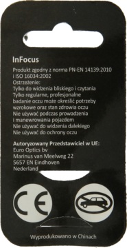 Tylna strona czarnego opakowania okularów InFocus do czytania z ostrzeżeniami i danymi producenta. Wyprodukowano w Chinach.