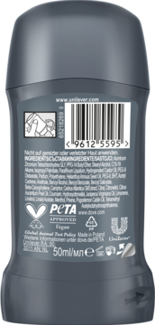 Tył szarego antyperspirantu Dove Men+Care w sztyfcie 50ml, ze składnikami i logo PETA Approved.