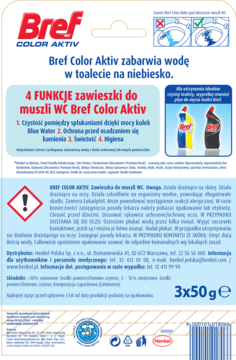 Tył opakowania zawieszki do WC Bref Color Aktiv 3x50g, opisuje 4 funkcje i barwi wodę na niebiesko.