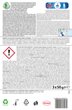 Tył opakowania Bref Color Aktiv zawieszki do WC 3x50g. Widoczne ostrzeżenia, skład, instrukcje i ikony recyklingu.