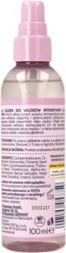 Olejek do włosów Rossmann z jojoba, tył różowej butelki 100ml. Widoczne składniki i info o ochronie przed ciepłem.