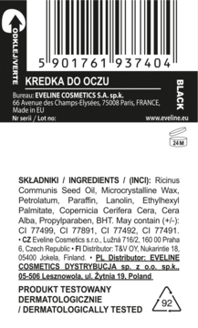 Tył czarnego opakowania kredki do oczu Eveline Cosmetics, z kodem kreskowym, listą składników INCI i napisem BLACK.