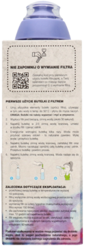 Tył butelki filtrującej Dafi z fioletową górą. Brązowa etykieta z instrukcją użycia filtra węglowego i grafikami.