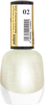 Ados Premium Line lakier do paznokci, odcień 02, mleczny z zielonym brokatem, widok z przodu, złota nakrętka.