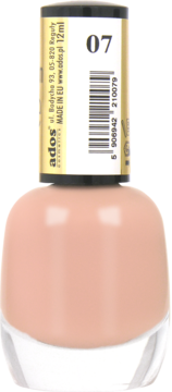 Ados lakier do paznokci Premium Line 07 w butelce, jasny beżowy nude, etykieta z kodem kreskowym, widok z przodu.