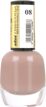 Beżowy lakier do paznokci Ados Premium Line nr 08. Butelka z trwałym, kremowym lakierem z połyskiem, widok przód.