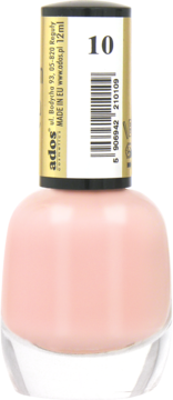 Jasnoróżowy lakier do paznokci Ados, numer 10, butelka 12ml z czarną nakrętką i złotą etykietą, widok frontalny.