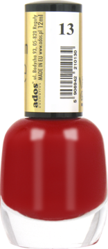 Ados Premium Line nr 13, czerwony lakier do paznokci 12ml, w szklanej butelce z czarną zakrętką, widok z przodu.