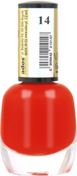 Żywy czerwony lakier do paznokci Ados Premium Line nr 14 w szklanej butelce z czarną nakrętką, widok z przodu.