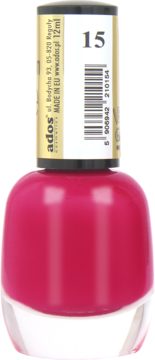 Fuksjowy lakier do paznokci Ados nr 15, w szklanej butelce z czarną nakrętką i białą etykietą, widok z przodu.