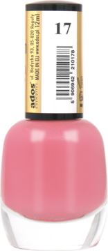 Pudrowy różowy lakier do paznokci Ados Premium Line nr 17, 12ml, z kremową konsystencją, w butelce, widok z przodu.