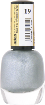 Lakier do paznokci Ados Premium Line srebrny z połyskiem, buteleczka z numerem 19, widok z przodu.