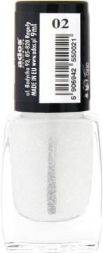 Biały brokatowy lakier do paznokci Ados w szklanej butelce, widok z przodu, czarna nakrętka z etykietą.