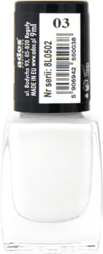 Ados Long Lasting biały lakier do paznokci 9ml, butelka z czarną nakrętką i etykietą 03, widok z przodu.