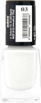 Ados Long Lasting biały lakier do paznokci w przezroczystej butelce z czarną nakrętką, tył z kodem kreskowym.