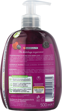 Tył fioletowej butelki mydła Isana Berry Love 500 ml z pompką, z widocznym składem, delikatny owocowy zapach.