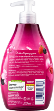 Tył różowego mydła Isana Berry Love z białą pompką. Widoczne składniki, ikony recyklingu, zapach malin i jeżyn.