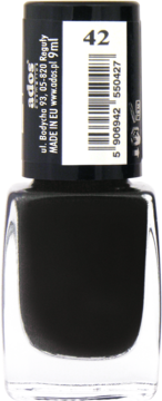 Ados Long Lasting czarny lakier do paznokci 9ml, szklana butelka z czarną zakrętką i białą etykietą nr 42.