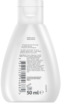 Tył białej butelki Lactacyd Femina 50 ml emulsji do higieny intymnej. Widoczne składniki i kod kreskowy.