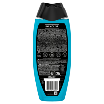 Tył niebieskiej butelki Palmolive 3w1 Sport 500ml z technologią neutralizującą zapach, widoczny skład i kod kreskowy.