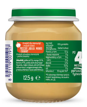 BoboVita przecier jabłko mango banan, tył szklanego słoiczka z zieloną etykietą, kod kreskowy, po 4 miesiącu.