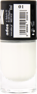 Biały żelowy lakier do paznokci Ados, butelka z czarną nakrętką, kodem EAN i numerem koloru 01, widok z przodu.