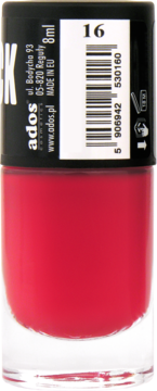 Ados czerwony lakier do paznokci Gel Lack 8ml, tył buteleczki z kodem kreskowym i numerem 16.