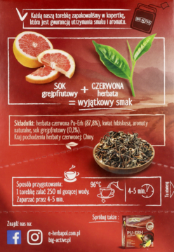 Tył opakowania czerwonej herbaty Pu-Erh o smaku grejpfrutowym, z listą składników i instrukcją parzenia.